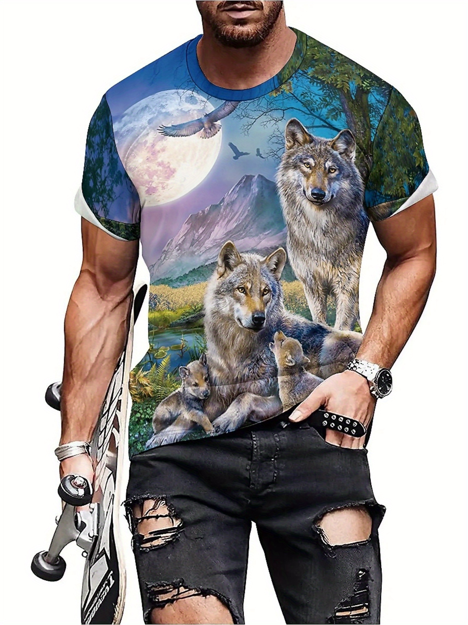 3D Wolf Pack Print T-Shirt - S - مراجعة 3D Printing Design Free وسعره