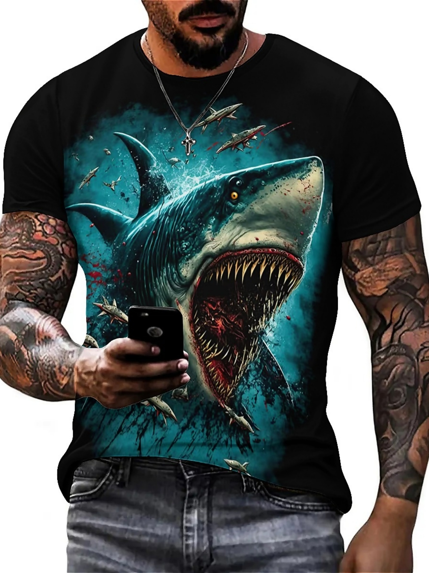 Men's 3D Shark Print T-Shirt - - مراجعة 3D Printing Design Free وسعره