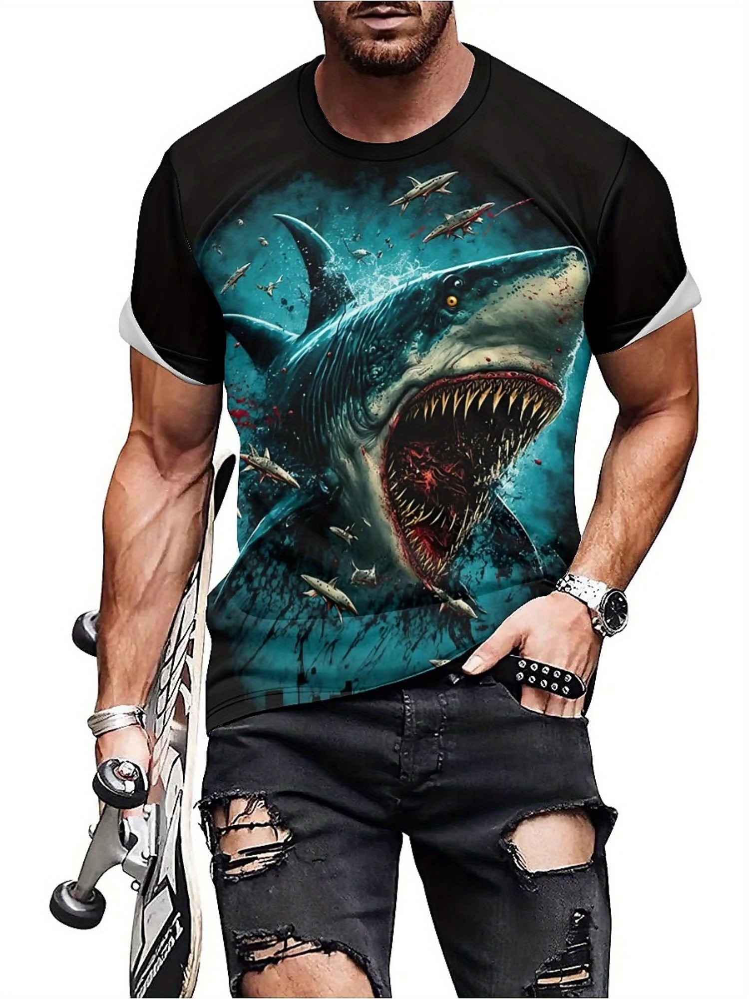 Men's 3D Shark Print T-Shirt - - مراجعة 3D Printing Design Free وسعره